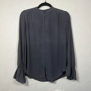 LOFT Petites Charcoal Button Front Bell Sleeve Blouse SP Minimalist Office Chic